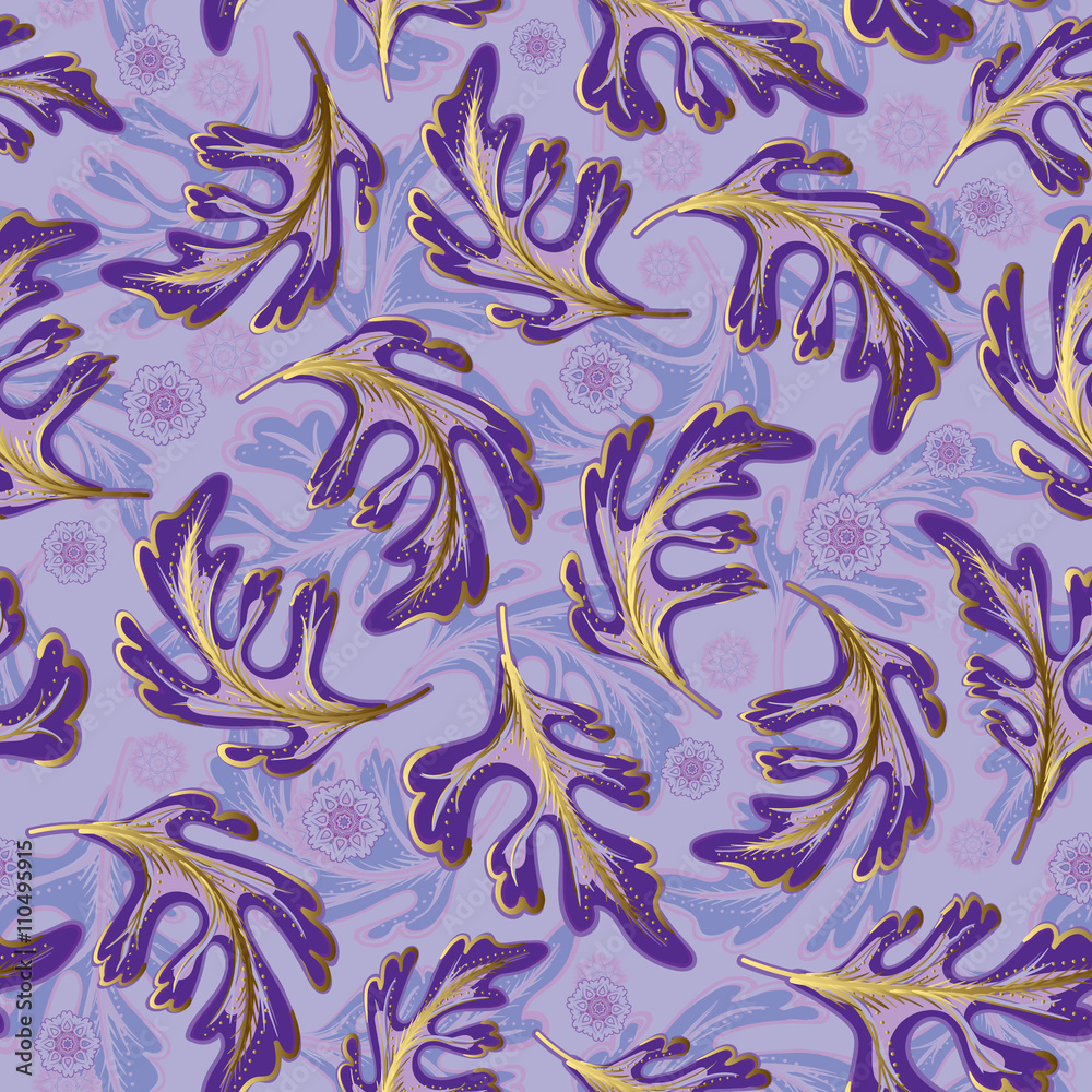 Violet lilac seamless pattern with golden details. Violet lilac seamless pattern with golden details.
