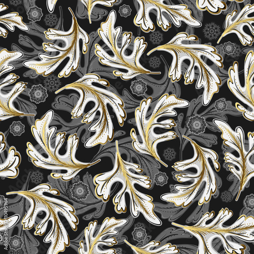 Black and white seamless pattern with golden elements. Fantasy leaves and flowers multilevel background.