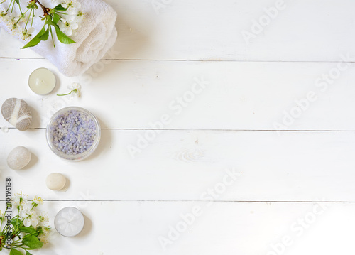 Spa background of oil  towel and candles.Top view
