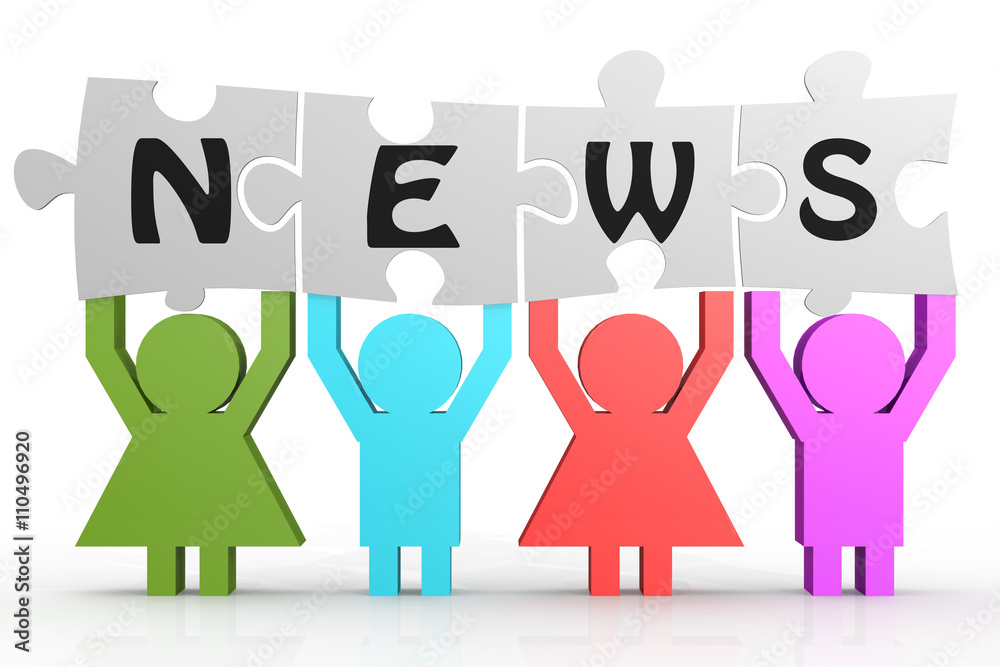 Four people hold puzzle with news word Four people hold puzzle with news word