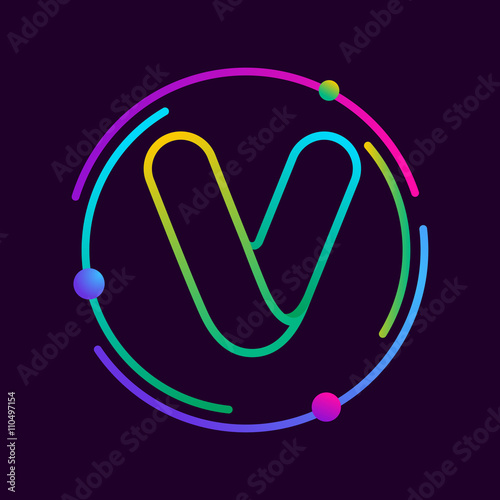 V letter with atoms orbits.