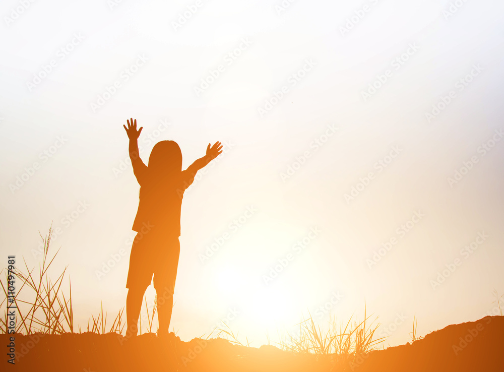 little Girls his hand to show gladness and happiness at sunset .