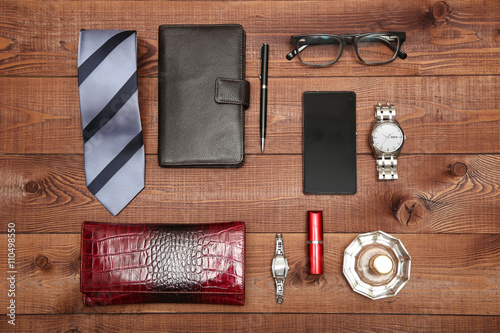 Set of classic man and woman accessories. Flat lay.