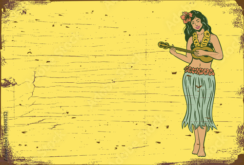 Wooden sign, Hula girl playing ukulele