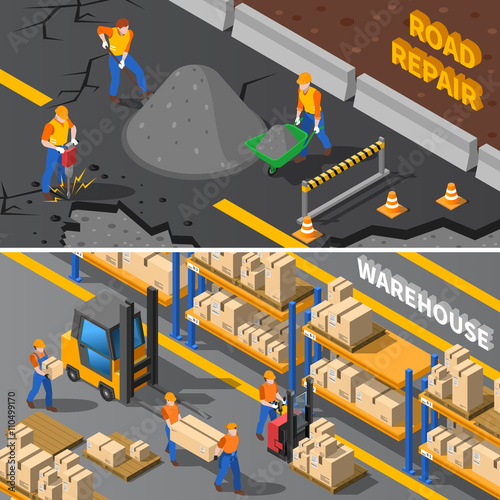 Workers Isometric Banners Set 