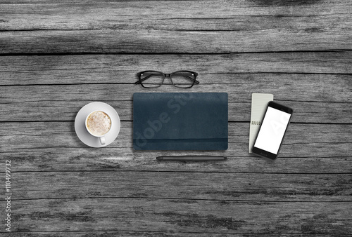 Office desk business mock up image presentation. Wooden background