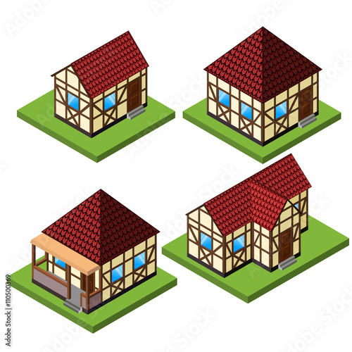 Vector rural isometric house collection in timber framing style. Old European fachwerk style buildings.