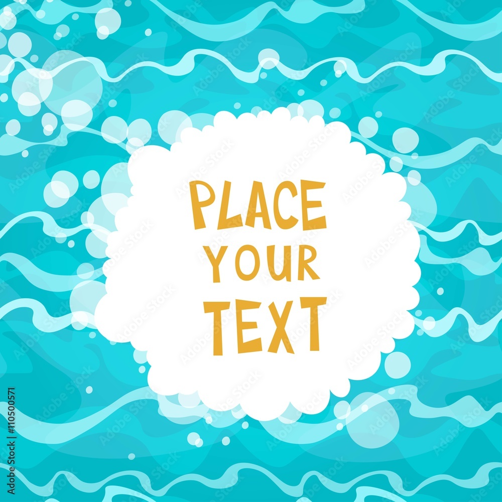 Cartoon placard on shiny blue water background with waves. Vector illustration.