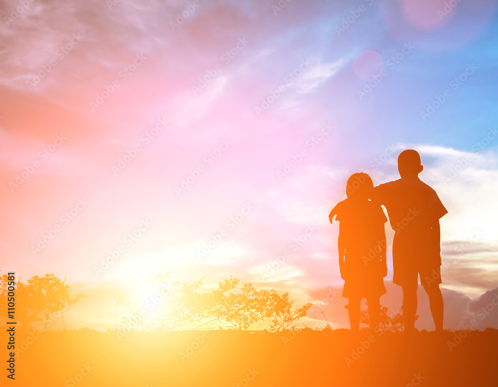 Brother and sister to cheer. On a beautiful day, Silhouette conc Brother and sister to cheer. On a beautiful day, Silhouette conc