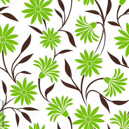 Vector seamless pattern with green flowers and brown leaves on a white background.