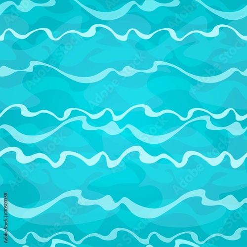 Cartoon seamless shiny blue water background with waves. Vector illustration.