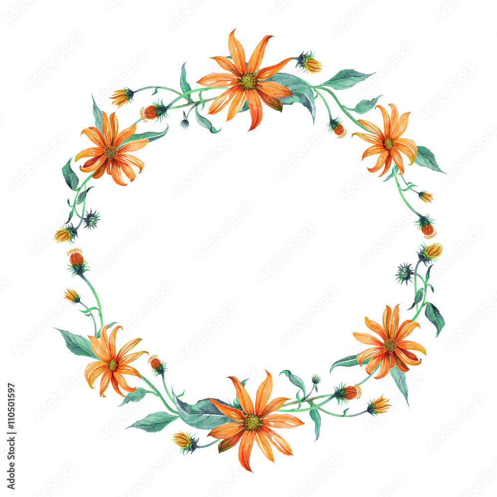 Watercolor wreath or garland. Yellow daisies with green leaves on white background. Can be used as invitation or greeting card, print, your banner.