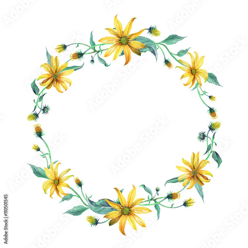 Watercolor wreath or garland. Yellow daisies with green leaves on white background. Can be used as invitation or greeting card, print, your banner. © radionastya