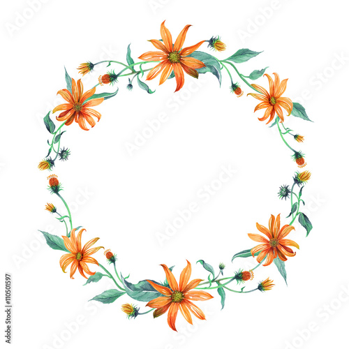 Watercolor wreath or garland. Yellow daisies with green leaves on white background. Can be used as invitation or greeting card  print  your banner.