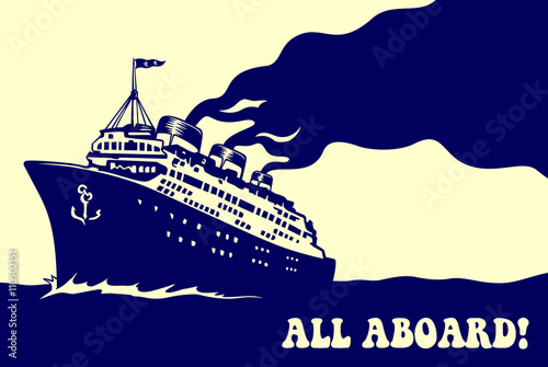 All aboard! Vintage steam transatlantic ocean cruise liner ship with smoke puff, retro traveling isolated vector illustration