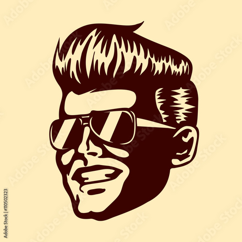 Vintage retro cool dude man face sunglasses rockabilly pompadour haircut vector isolated on white background photo