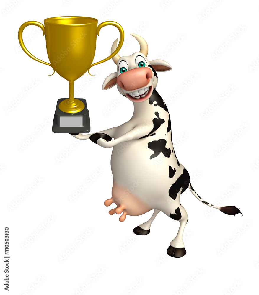Cow cartoon character with winning cup Cow cartoon character with winning cup