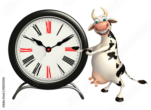 fun Cow cartoon character with clock