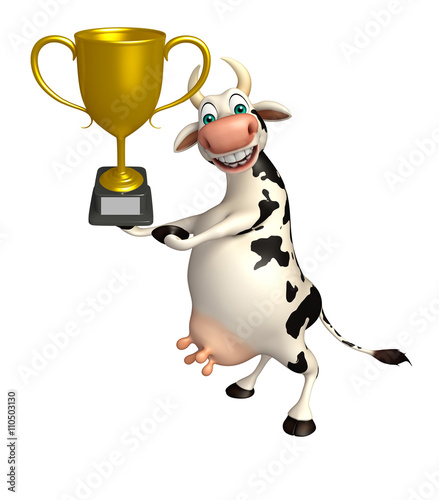 Cow cartoon character with winning cup