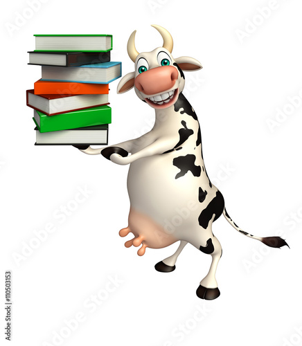 cute Cow cartoon character with book stack © visible3dscience