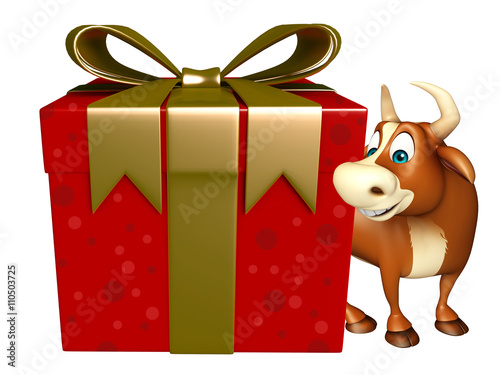 Bull cartoon character with gift box