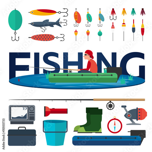 Fishing concept. Fishing on the boat, flat style. Fishing set.