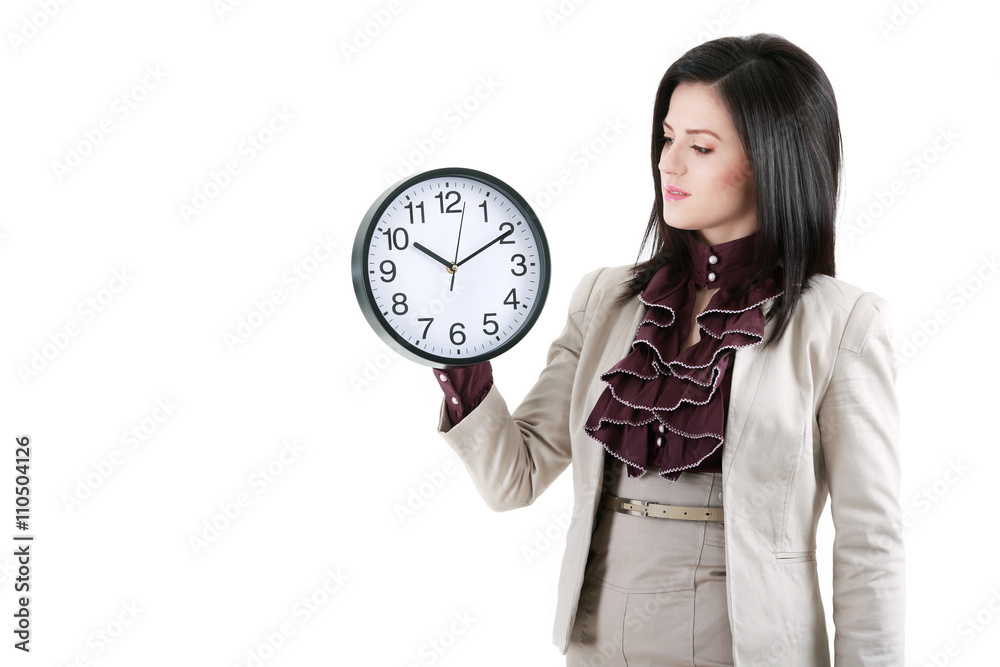 Portrait of beautiful young business woman holding in hands cloc Portrait of beautiful young business woman holding in hands cloc