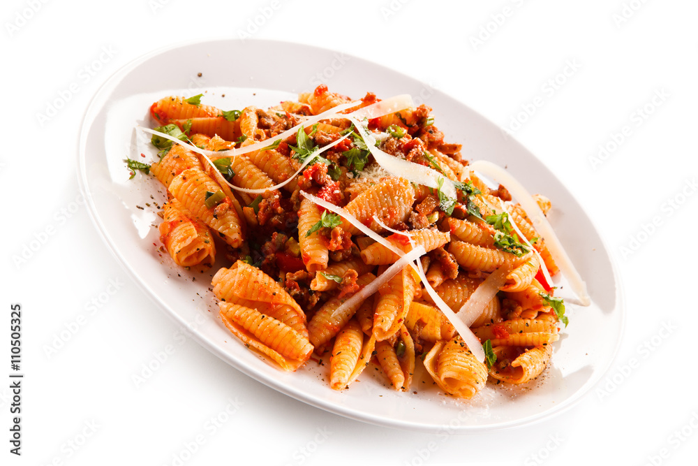 Pasta with meat, tomato sauce and vegetables Pasta with meat, tomato sauce and vegetables