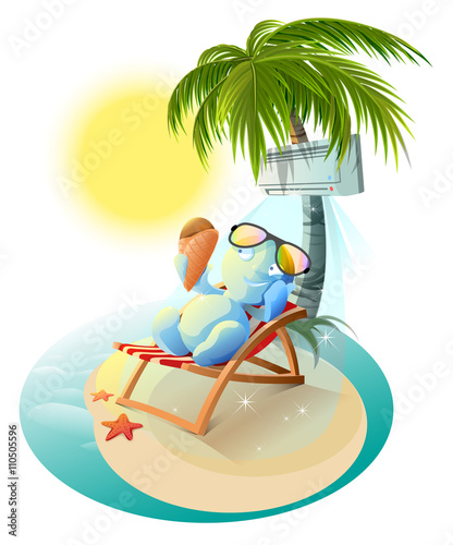 Snowman eating ice cream. Snowman in deck chair under air conditioner. Snowman under palm tree