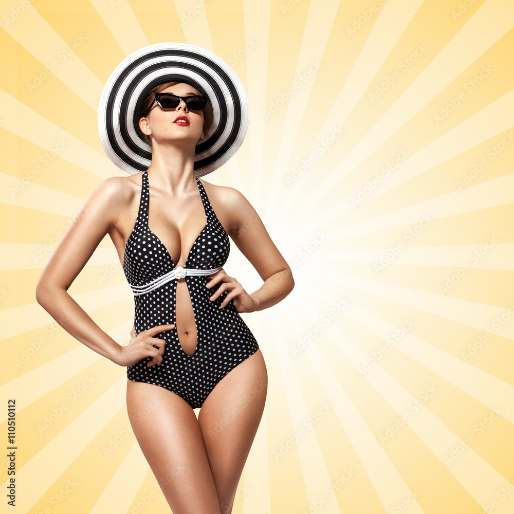 Foto Stock Sunbathing / A creative vintage photo of a beautiful pin-up  bikini model in polka dot bikini sunbathing on colorful abstract cartoon  style background. | Adobe Stock