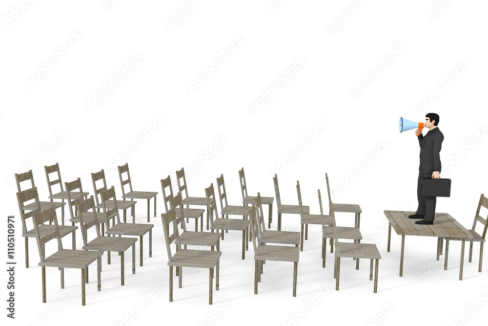 Businessman with megaphone speaking to empty chairs Businessman with megaphone speaking to empty chairs