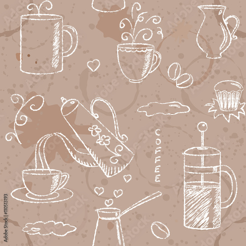 Seamless pattern with hand drawn coffee items