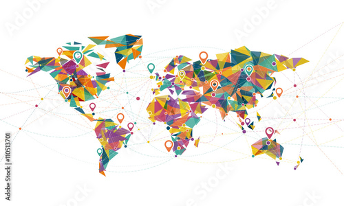 world map mesh connecting global concept with colorful triangle, geometric and dots line, vector illustration
