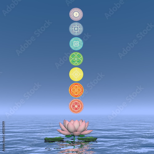 Seven chakra symbols column - 3D render