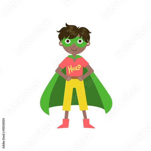 Kid In Superhero Costume With Green Cape
