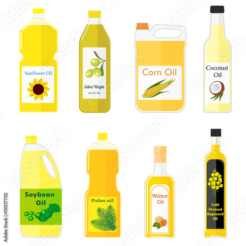 Vector set of pictures of different types of oil for cooking. Colorful illustration in flat style. Group bottles of oil for frying