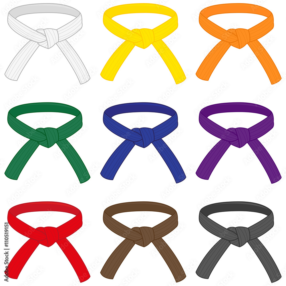 Martial arts belts with different rank colors. Karate, Taekwondo, judo,  jujitsu, kickboxing, or kung fu belts. Vector illustration set Stock Vector  | Adobe Stock
