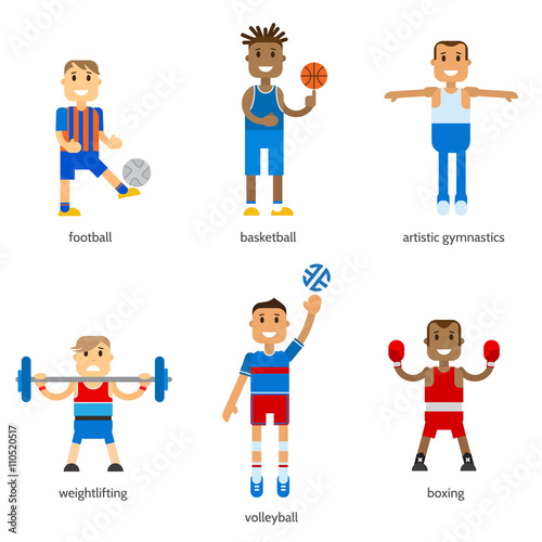Set icons sportsmen of summer sport isolated. Vector stock illustration sportsmen in uniform. Flat design winter sport.