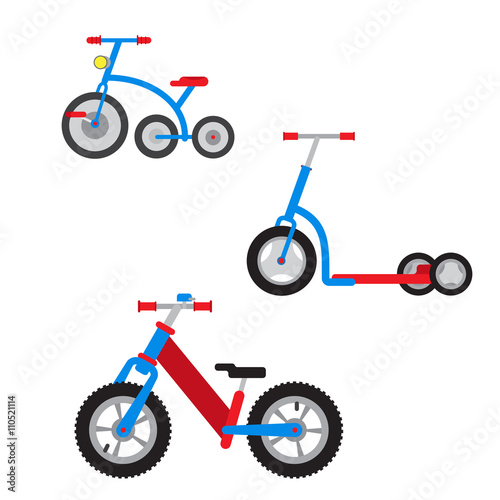 Set of colorful cartoon  bicycles, scooters,  run bikes, tricycles play park white background. Flat vector illustration