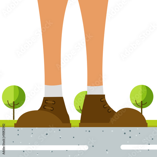 Flat vector illustration concept foot in boots standing on road. Traveler and hitchhiker.