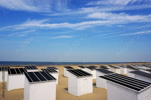 Black and white beach houses on empty beach in Ostende Belgium North Sea coast