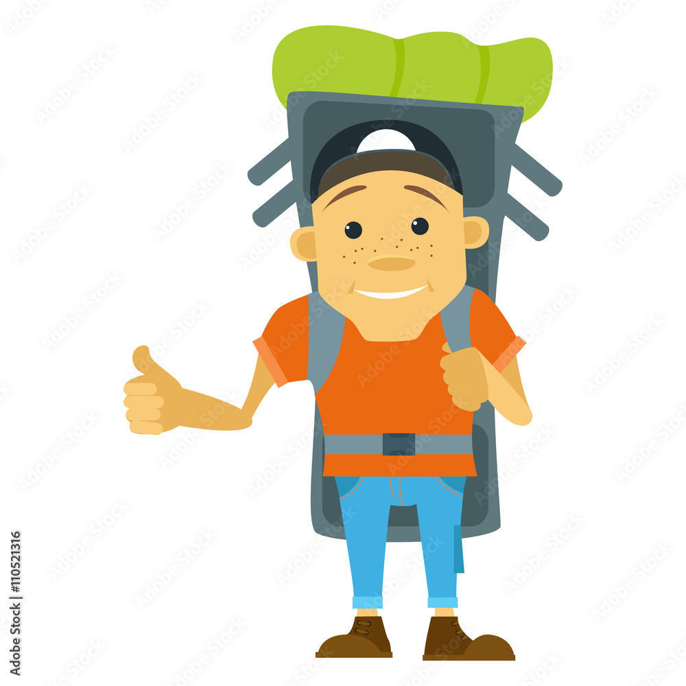 Vector illustration in flat style. Hitchhiker and tourist. Young man hitchhiker tourist with large backpack. Hitchhiker and traveler shows gesture hitchhiking