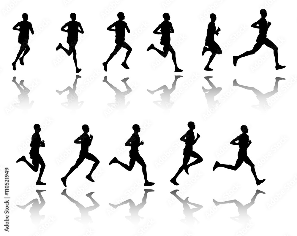 marathon runner, 11 steps silhouettes - vector