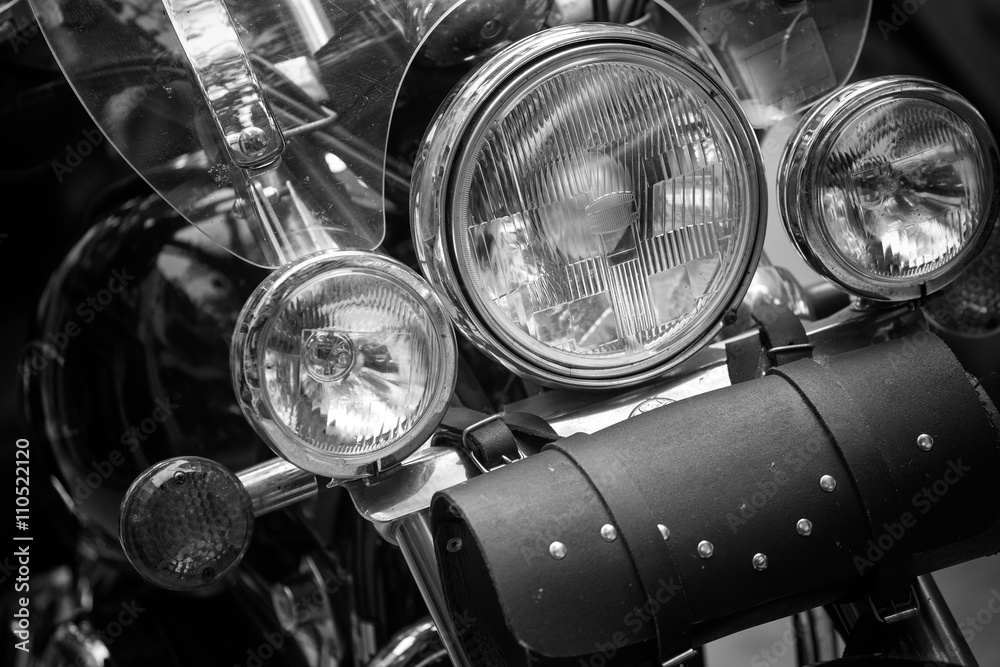 Headlight of classic custom motorbike in Black and White