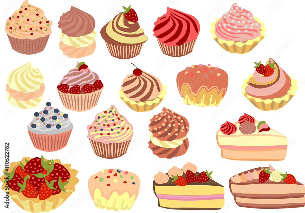 Vector set of cakes, cupcakes and cakes.