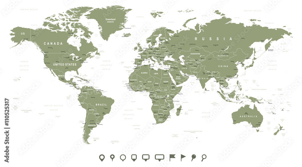 Swamp Green World Map and navigation icons - illustration


Highly detailed world map:
countries, cities, water objects