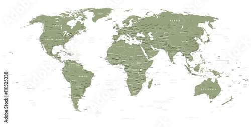 Swamp Green World Map - borders  countries and cities - illustration      Highly detailed vector illustration of world map.  