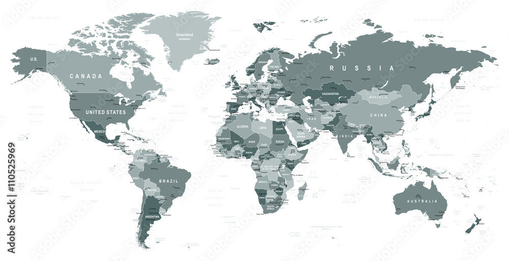 Grayscale World Map - borders, countries and cities - illustration


Highly detailed gray vector illustration of world map.