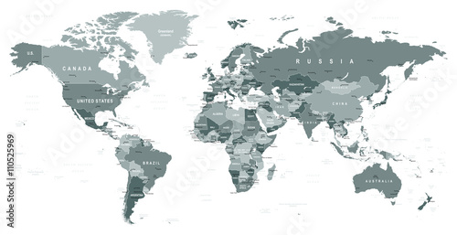 Grayscale World Map - borders  countries and cities - illustration      Highly detailed gray vector illustration of world map.