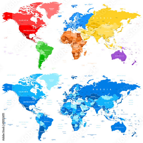 Spotted Color and Blue World Map - borders  countries and cities - illustration      Highly detailed colored vector illustration of world map.